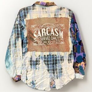 Reworked / Upcycled “Fresh Sarcasm Served Daily” Plaid & Floral Women’s Sz M